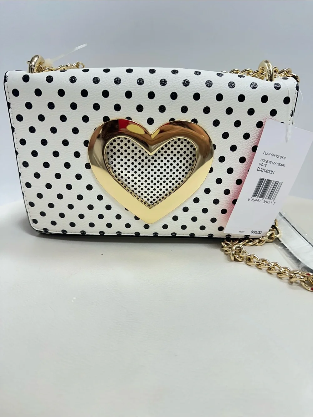 Betsey Johnson White Polka Dot Crossbody with Neon Heart Charm
